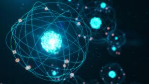 Abstract atom model. Atom is the smallest level of matter that forms chemical elements. Glowing energy balls. Nuclear reaction. Concept nanotechnology
