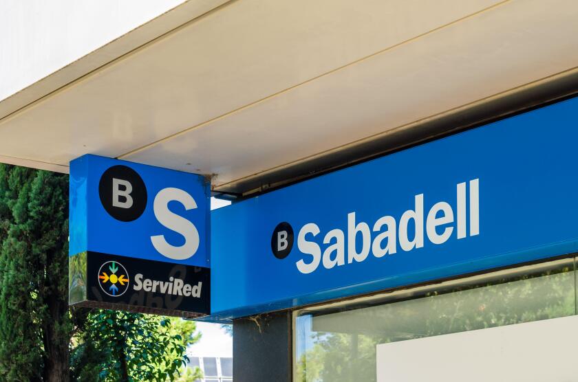 MADRID, SPAIN - SEPTEMBER 26, 2021: Banco Sabadell bank branch office in Madrid, Spain. Banco Sabadell, is a Spanish bank founded in 1881 in Sabadell, with headquarters in Alicante