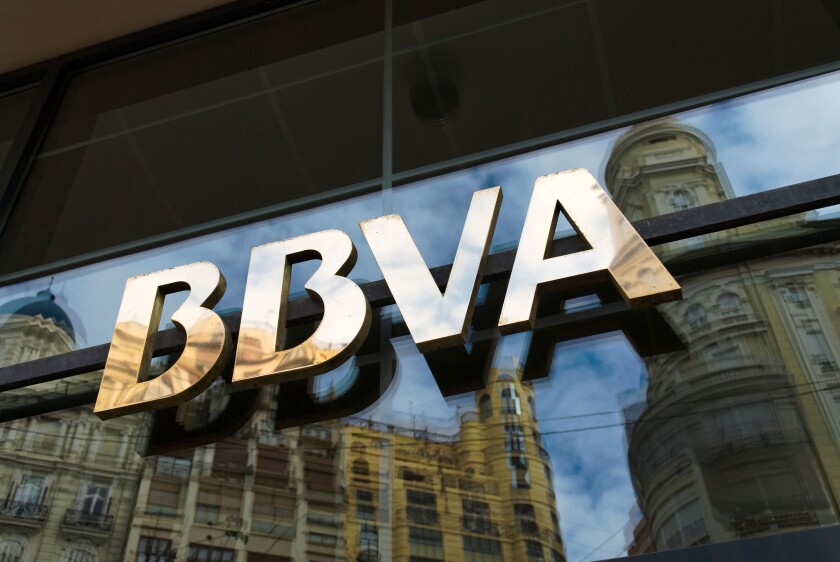 Sign above entrance of Spanish bank BBVA in Valencia city. Spain