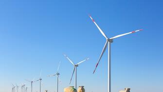 Wind turbines at wind park / windfarm in Schleswig-Holstein, Germany