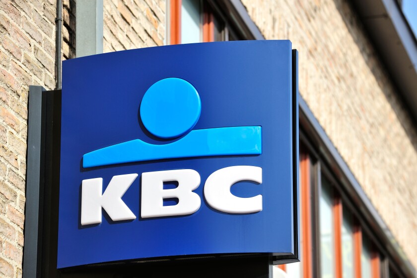 Signboard with logo of KBC bank, Flanders, Belgium