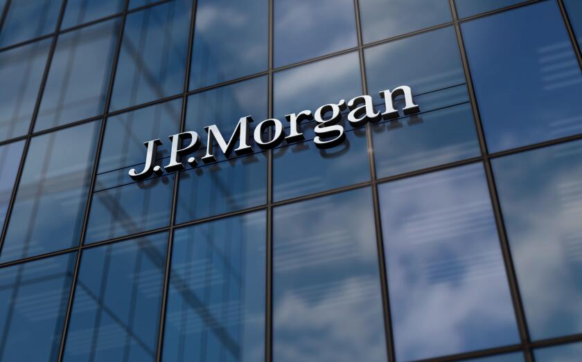 New York, USA, May 31, 2023: J.P.Morgan bank corporation headquarters glass building concept. JP Morgan banking company symbol on front facade 3d illu