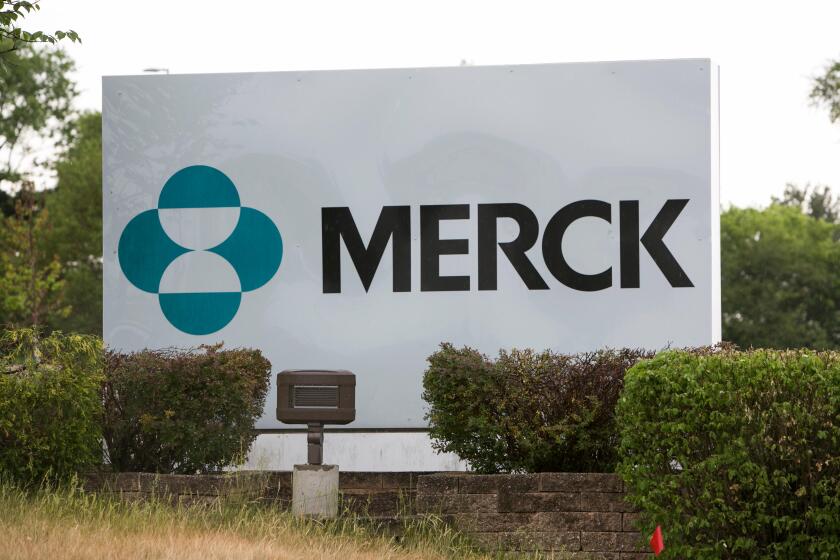 A logo sign outside of a facility occupied by Merck in Branchburg, New Jersey