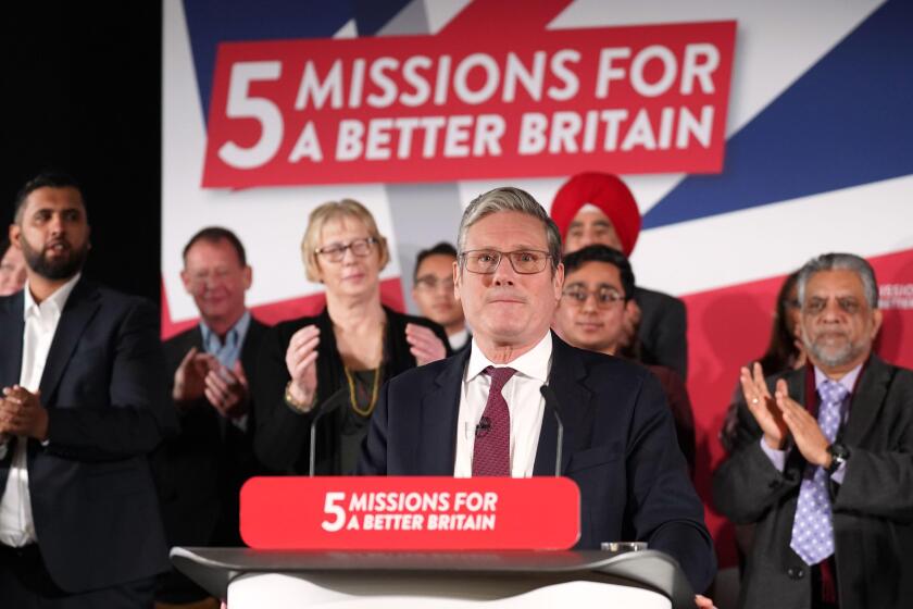 Labour leader Sir Keir Starmer delivers a speech at Port Vale football club in Stoke-on-Trent, Staffordshire, as he unveils the party's policy on crime - the second of five national missions setting out the objectives for a Labour government if the party 