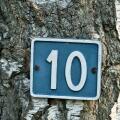 White number 10 on blue background attached to a tree
