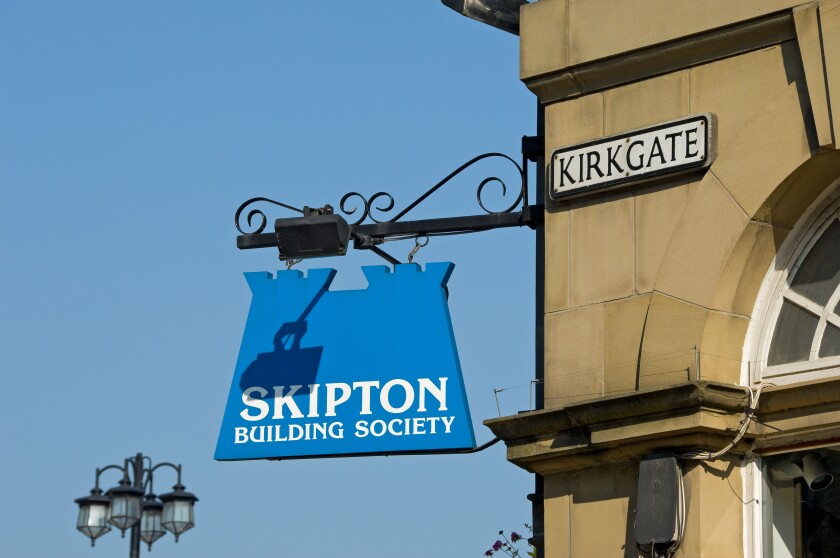 Close up of Skipton Building Society sign Ripon North Yorkshire England UK United Kingdom GB Great Britain