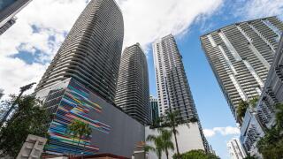Miami, FL, USA - March 29, 2024: Miami wide-angle skyscraper cityscape of Brickell financial center on a beautiful spring day, Florida, USA.