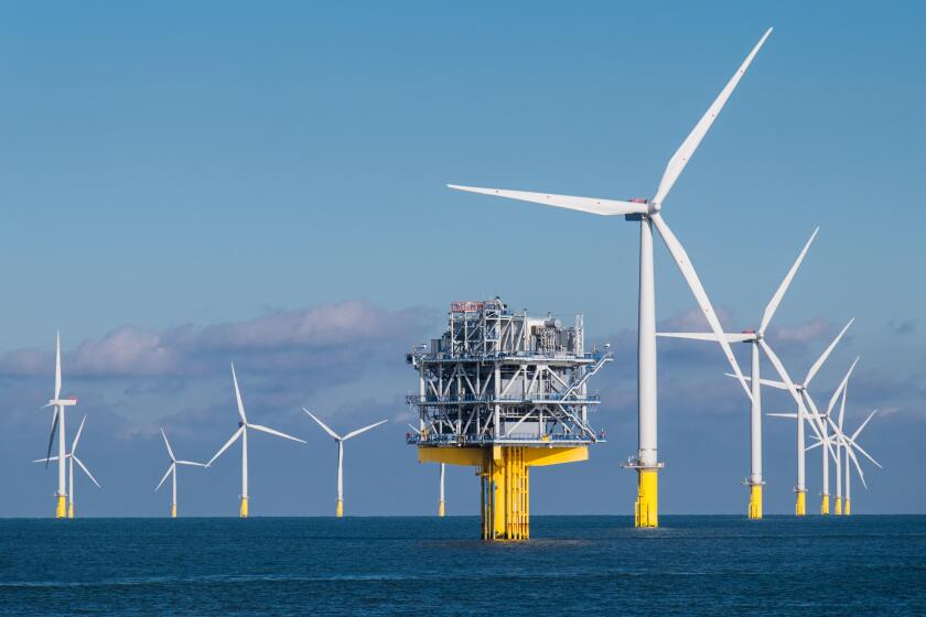 Some of the 175 turbines and one of the two offshore substations on the London Array Offshore Wind Farm, which was the world's largest offshore wind farm until 2017