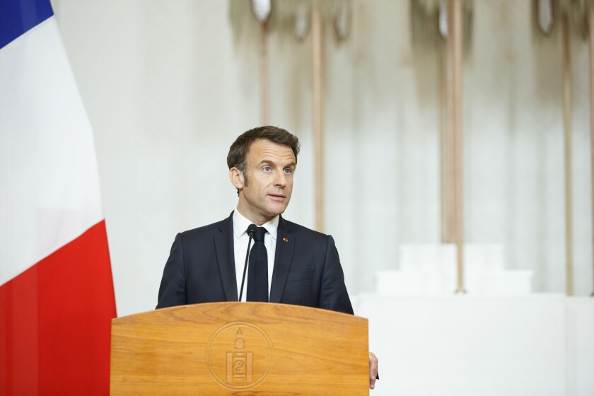 Ulaanbaatar, Mongolia. 21th May 2023. Emmanuel Macron makes first French presidential visit to Mongolia. Credit: L.Enkh-Orgil.