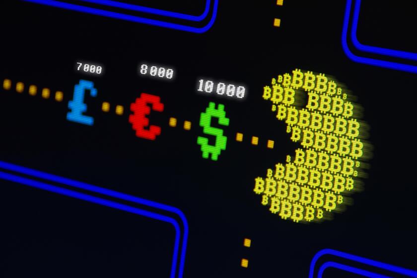 Bitcoin man eating symbol of dollar, euro and pound icon with price points. Concept illustration of actual value of cryptocurrency with print screen e