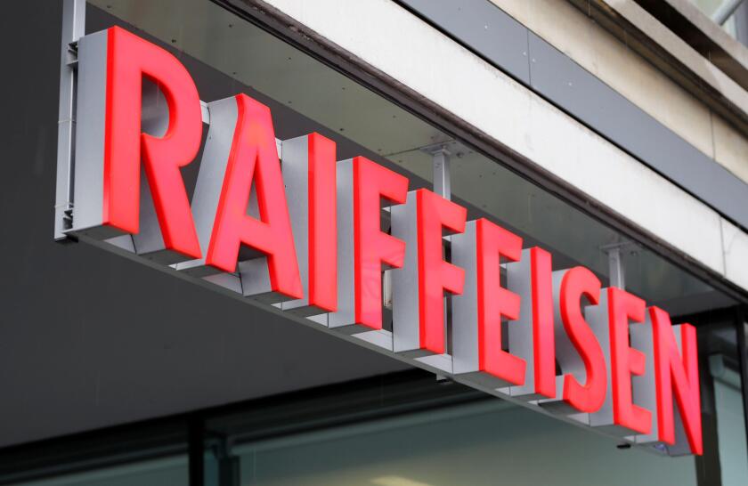 The logo of Swiss Raiffeisen bank is seen at an office branch in Zurich, April 4, 2019. REUTERS/Arnd Wiegmann
