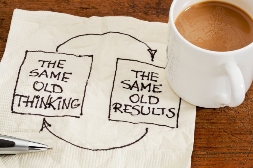 the same old thinking and disappointing results, closed loop or negative feedback mindset concept