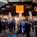 ORANGE brand at company's pavilion during the GSMA Mobile World Congress 2023 in Barcelona, the world's most important event on mobile devices communications bringing together the leading companies and the latest developments in the sector.