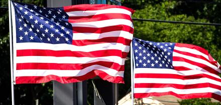 Two American flags wave vociferously in the wind in a suburban area