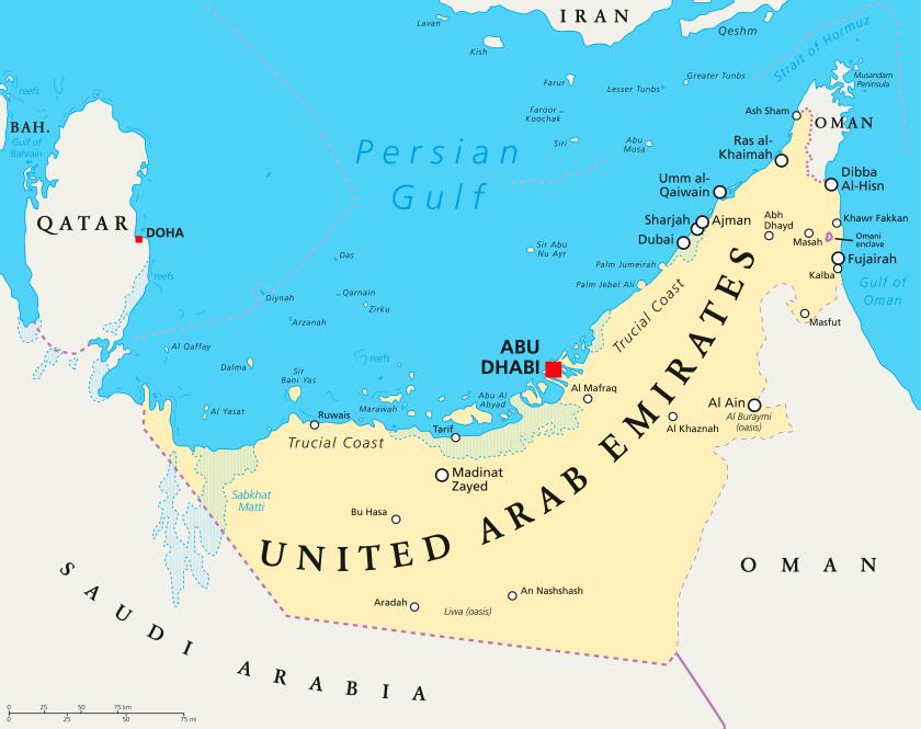 UAE United Arab Emirates political map with capital Abu Dhabi, national borders, important cities and bodies of water. English.