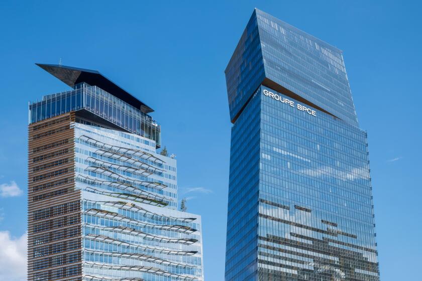 Exterior view of the towers housing the headquarters of the French banking group BPCE