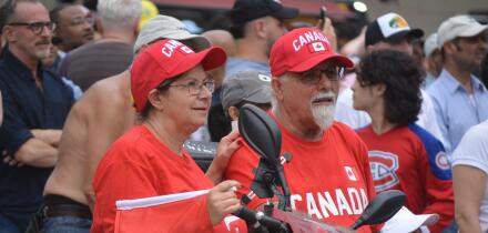 Soccer fans gathered at a watch party for Team Canada in Nathan Phillips Square in downtown Toronto.