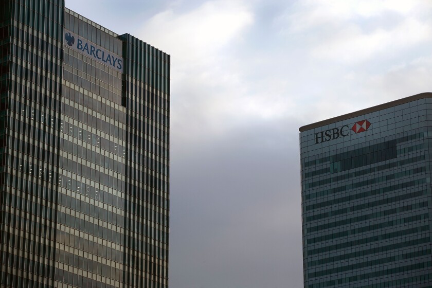 Banking giants: high-rise offices of HSBC and Barclays. Image shot 04/2009. Exact date unknown.