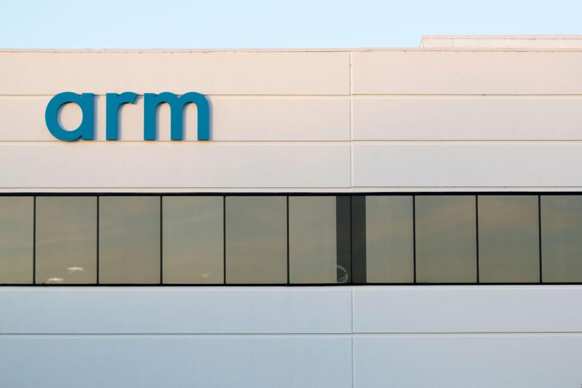 The Arm logo seen at semiconductor and software design company Arm Holdings' US Headquarters in San Jose, California.