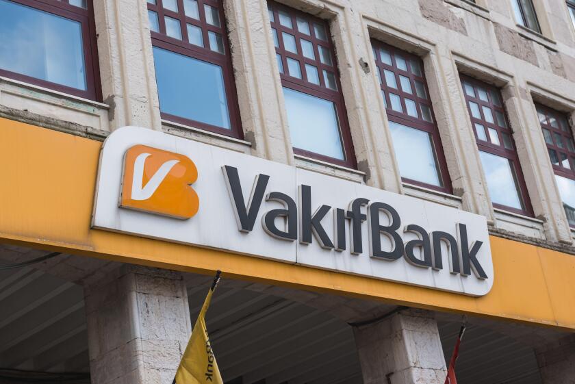 Facade view of VakifBank which was founded in 1954. VakofBank is fourth largest bank in Turkey based on its asset size.Istanbul,Turkey.16 November 202