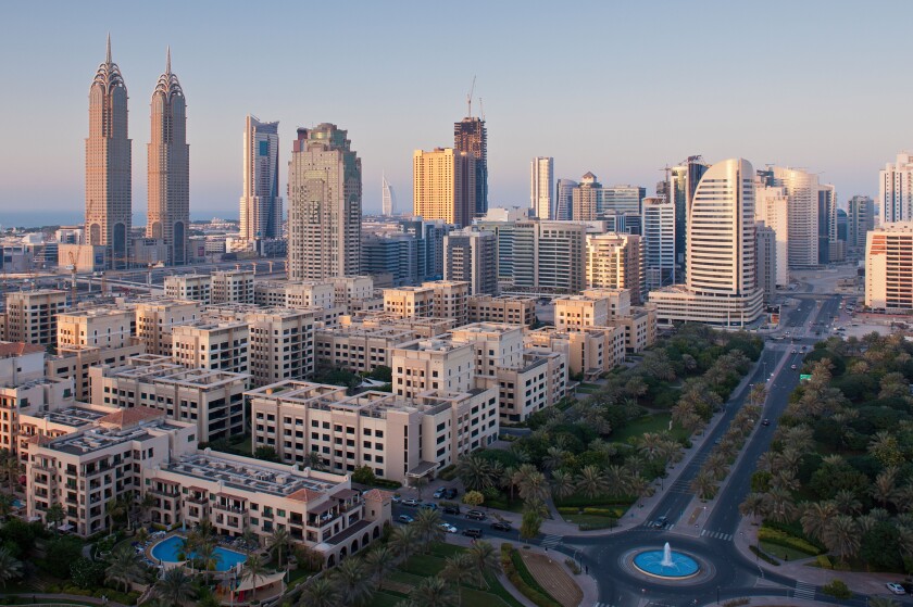 View of TECOM area at sunset, New Dubai, UAE