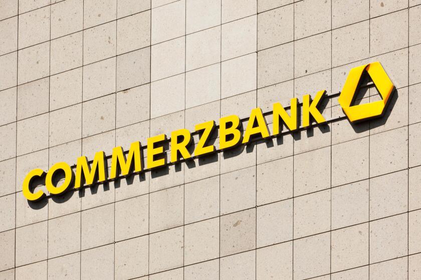 Dusseldorf, Germany - August 20, 2011: Commerzbank signage on tiled wall. Commerzbank AG is the second-largest bank in Germany