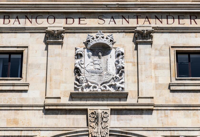 Santander, Spain. Detail of the Edificio Banco de Santander withh its coat of arms, a neoclassical building headquarters of the Banco Santander in the
