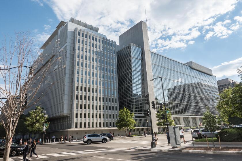 World Bank Headquarters Building, Washington, DC.  Bank's two stated goals are to end extreme poverty, and promote shared prosperity in a sustainable