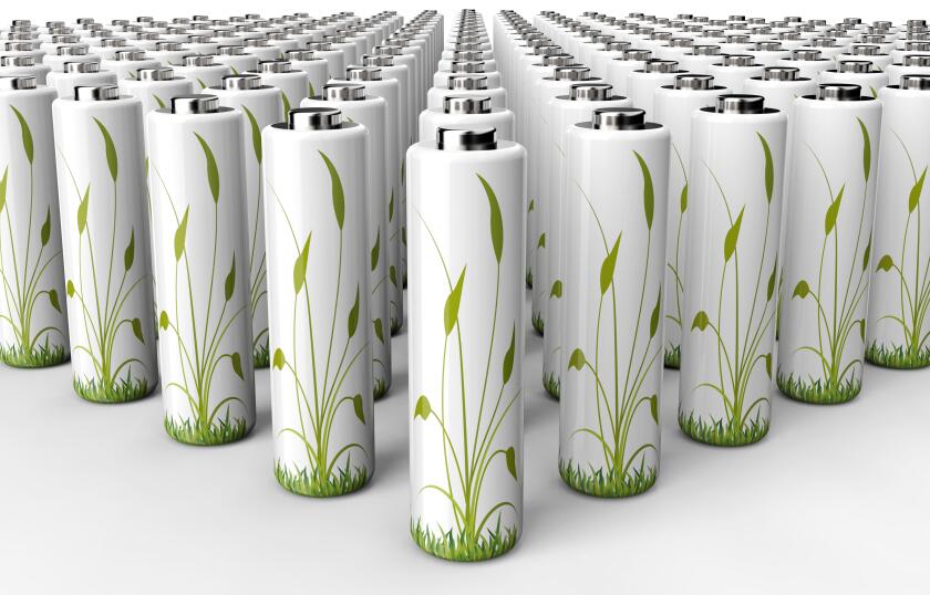 green engery concept battery with plant on it, 3d illustration