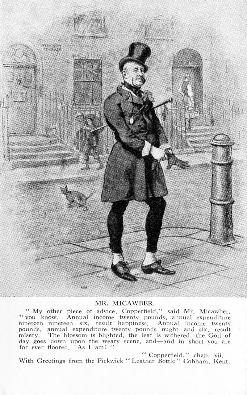 A Vintage postcard depicting ?Mr Micawber?, a character from Charles Dickens? book, ?David Copperfield?. The card also bears a corresponding passage from the book and was published as a promotional item for 'The Leather Bottle' public house in Cobham, Ken
