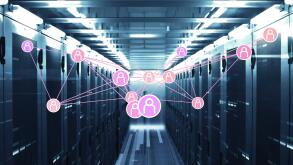 Glowing digital overlay spreading across data center corridor, with server racks and LED indicators