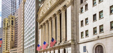 The New York Stock Exchange building in the Financial District of Lower Manhattan, Wall Street, New York, United States of America, North America
