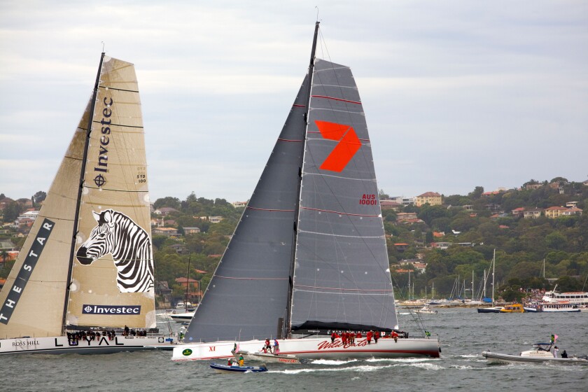 investec loyal and wild oats x1 at the start of the 2011 sydney to hobart yacht race. these yachts finished first and second