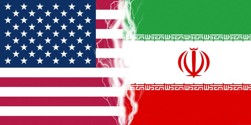 Lightnings effect between flags of USA and Iran. Concept of conflict between two nations, Washington and Teheran.
