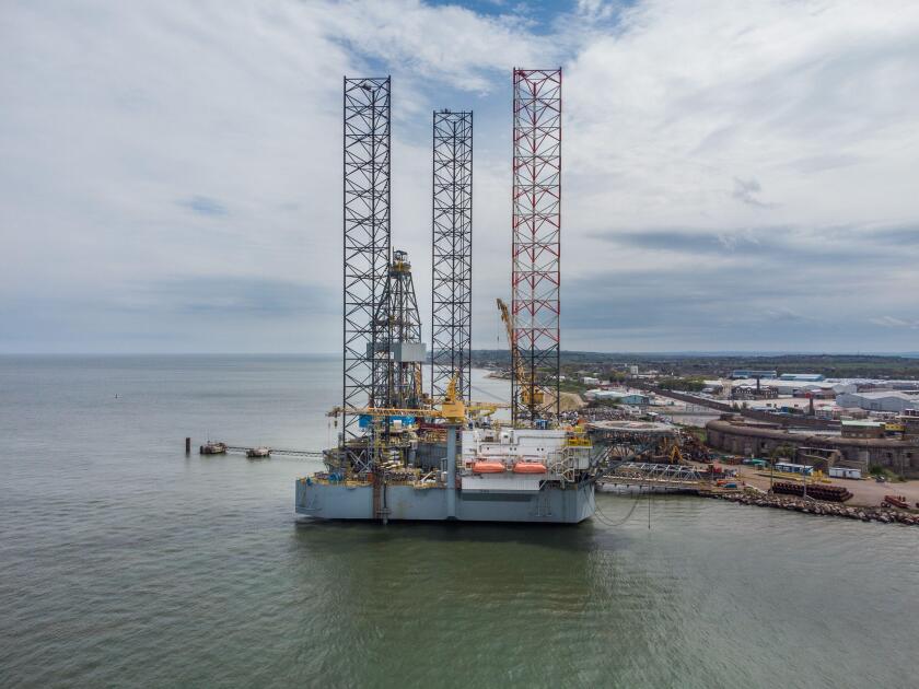 The "Ran" oil rig, owned by Borr Drilling, was built in 2013 in Singapore and has three 525-feet long legs. It is docked in Sheerness.
