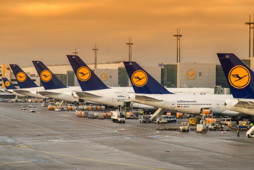 Lufthansa planes at Frankfurt international airport, Frankfurt, Hesse, Germany