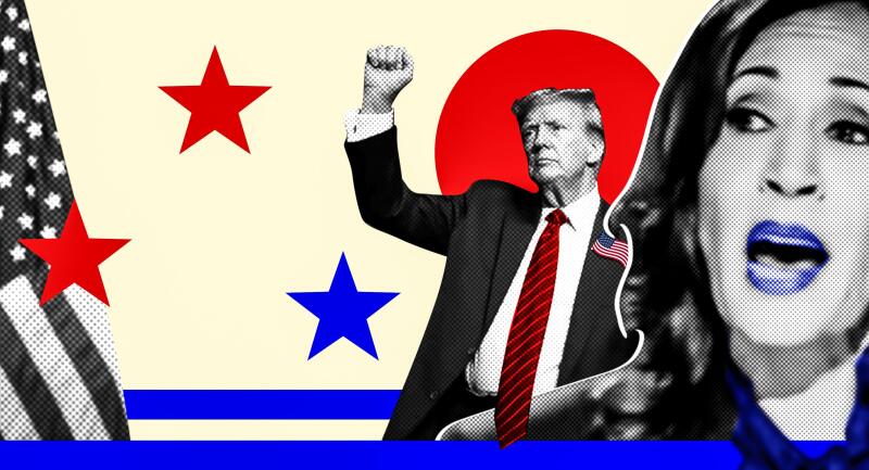 Portrait of Donald Trump and Kamala Harris. Illustrative photo collage with halftone effect