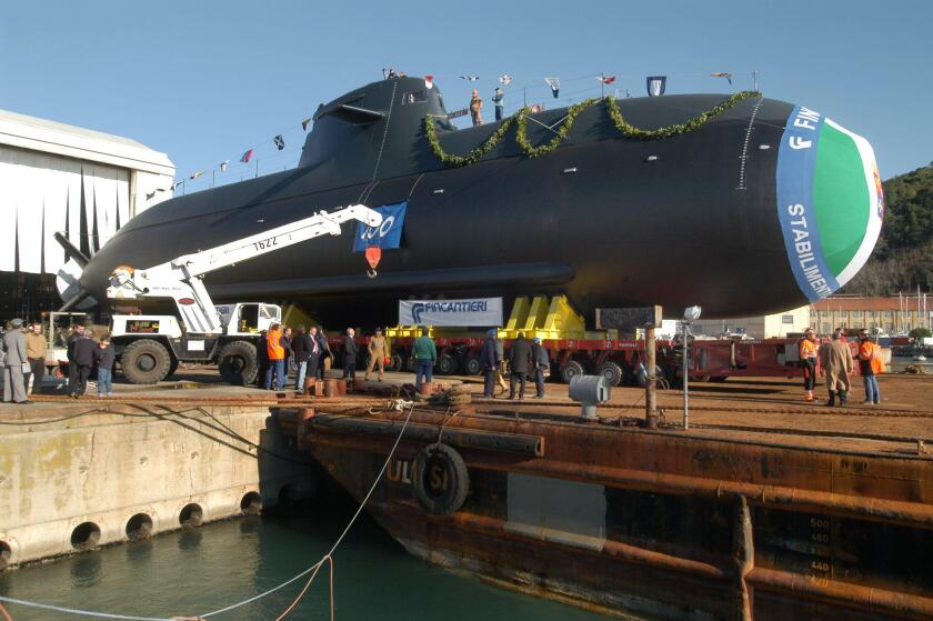 Launch of the Scire submarine for the Italian Navy at the Fincantieri shipyards  of Muggiano (La Spezia)
