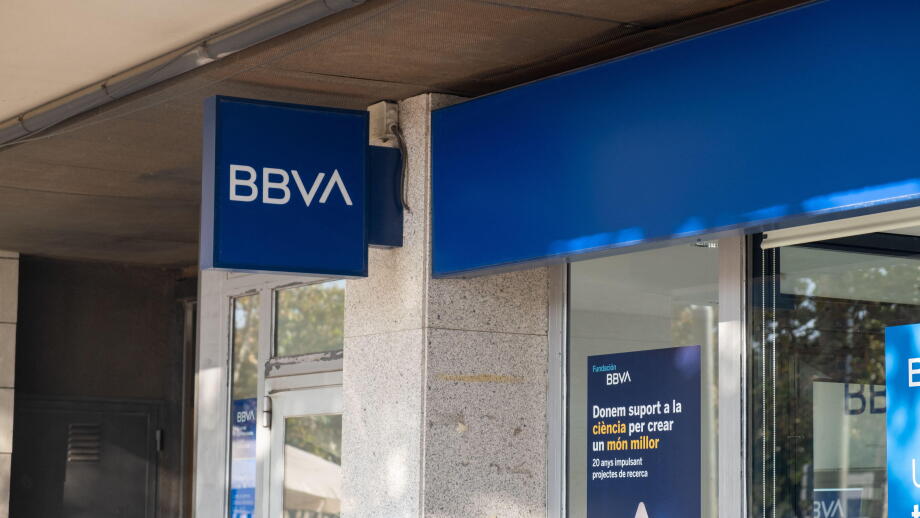 Barcelona, Spain - 5 November 2021: Banco Bilbao Vizcaya Argentaria BBVA bank sign, Illustrative Editorial.