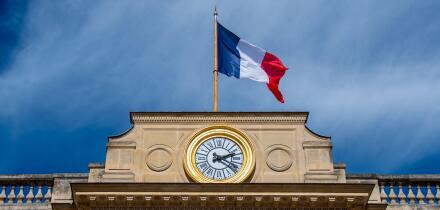 Detail of the facade of the French National Assembly building, also called Palais Bourbon or chamber of deputies, Paris, France