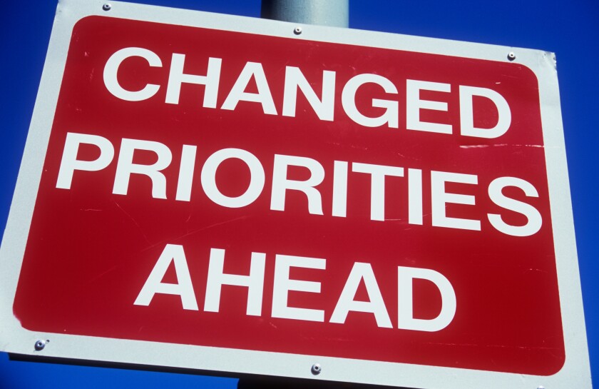 Close up of red and white road sign on a lamp post or pole against clear blue sky stating Changed priorities ahead. Image shot 2006. Exact date unknown.
