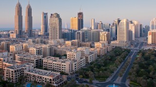 View of TECOM area at sunset, New Dubai, UAE