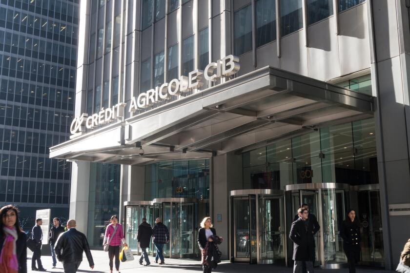 Credit Agricole CIB Building Entrance on Sixth Avenue, NYC, USA