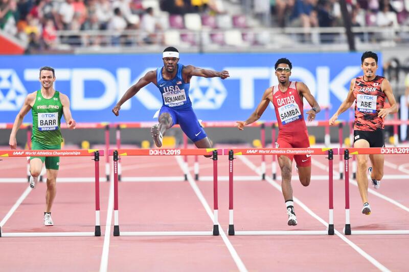 Rai Banjamin (USA), Abderrahman Samba (QAT) Takatoshi Abe (JPN) Thomas Barr (IRE) . 400 metres hurdles. World Athletics Championships, Doha 2019