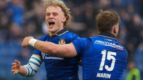 Roma, Italy. 07th Feb, 2026. Celebration after the Try of Louis Lynagh of Italy with Leonardo Marin during the Six Nations 2026 rugby match between Italy and Scotland at Stadio Olimpico in Roma, Italy on February 7, 2026. Credit: Insidefoto/Alamy Live News