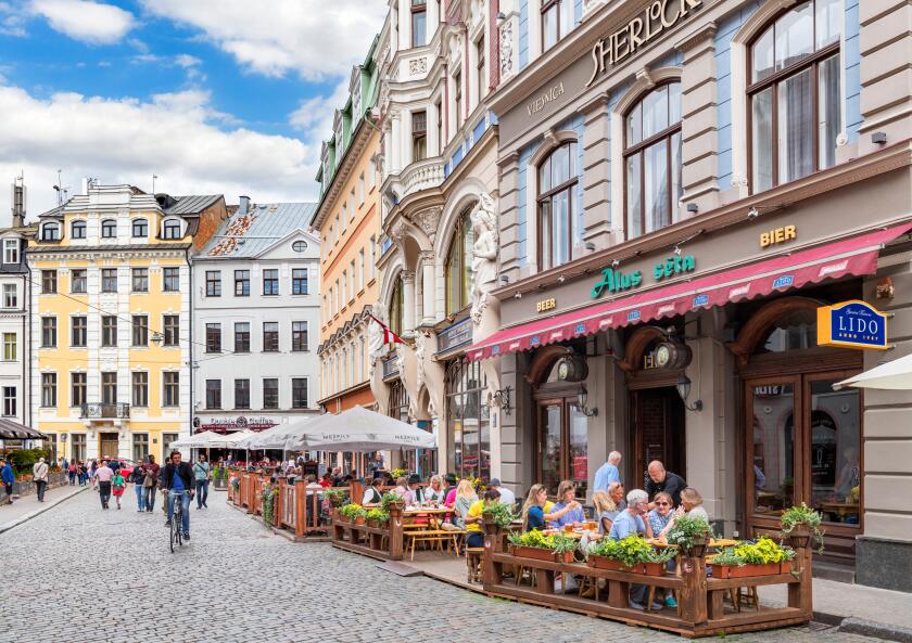 Cafes and bars on Maza Monetu Iela in the Old Town, Vecriga (Old Riga), Riga, Latvia