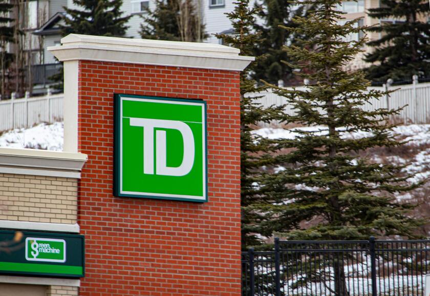 Calgary, Alberta. Canada Jan 4 2020. Sign of a TD Canada Trust, is the commercial banking operation of the Toronto-Dominion Bank in Canada.TD Bank see