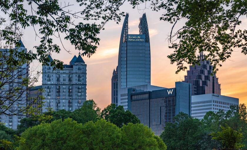 Midtown Atlanta, Georgia skyline at sunset from Piedmont Park. (USA)