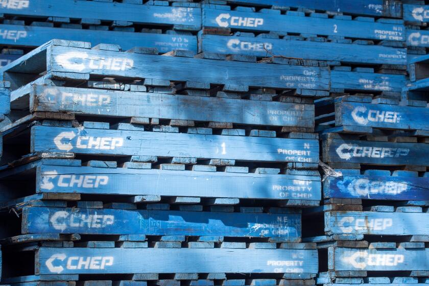 Stacked blue Chep pallets, a subsidiary of the Australian company Brambles, in a yard waiting to be collected in Australia