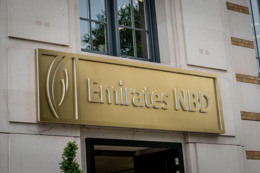 LONDON- MAY, 2019: Emirates NBD bank in Knightsbridge. A large multinational banking group based in the United Arab Emirates
